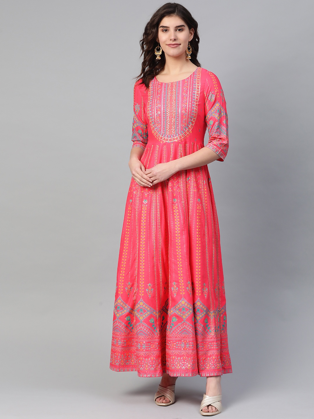 

W Women Pink & Golden Printed Maxi Dress
