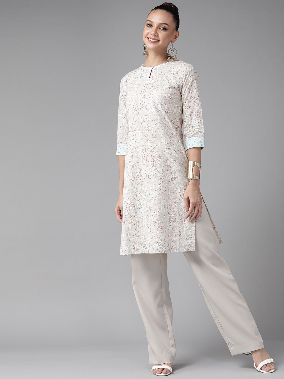 

W Women Beige & Blue Ethnic Printed Pure Cotton Kurta