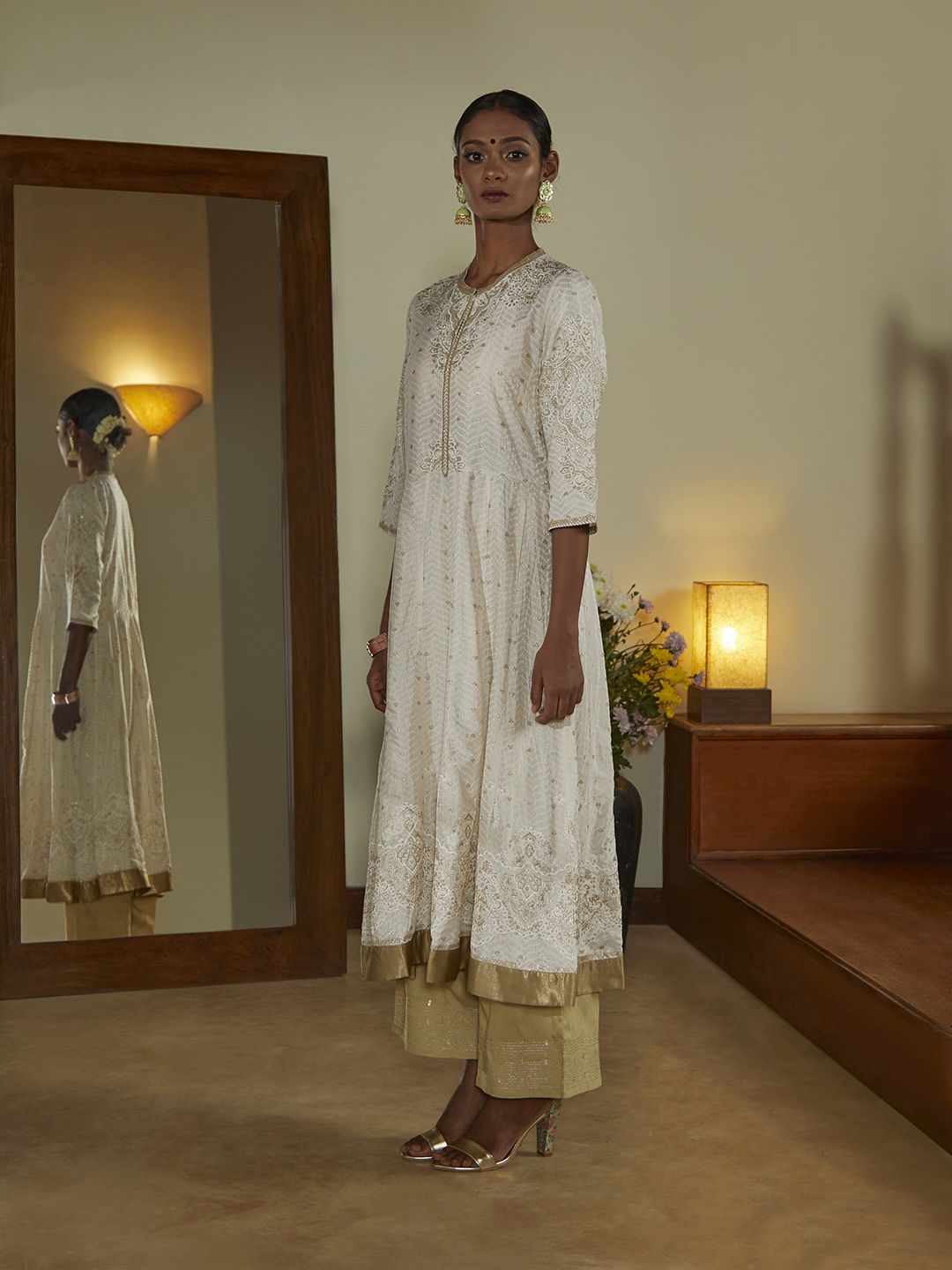 

W Women Off-White & Golden Printed Anarkali Kurta