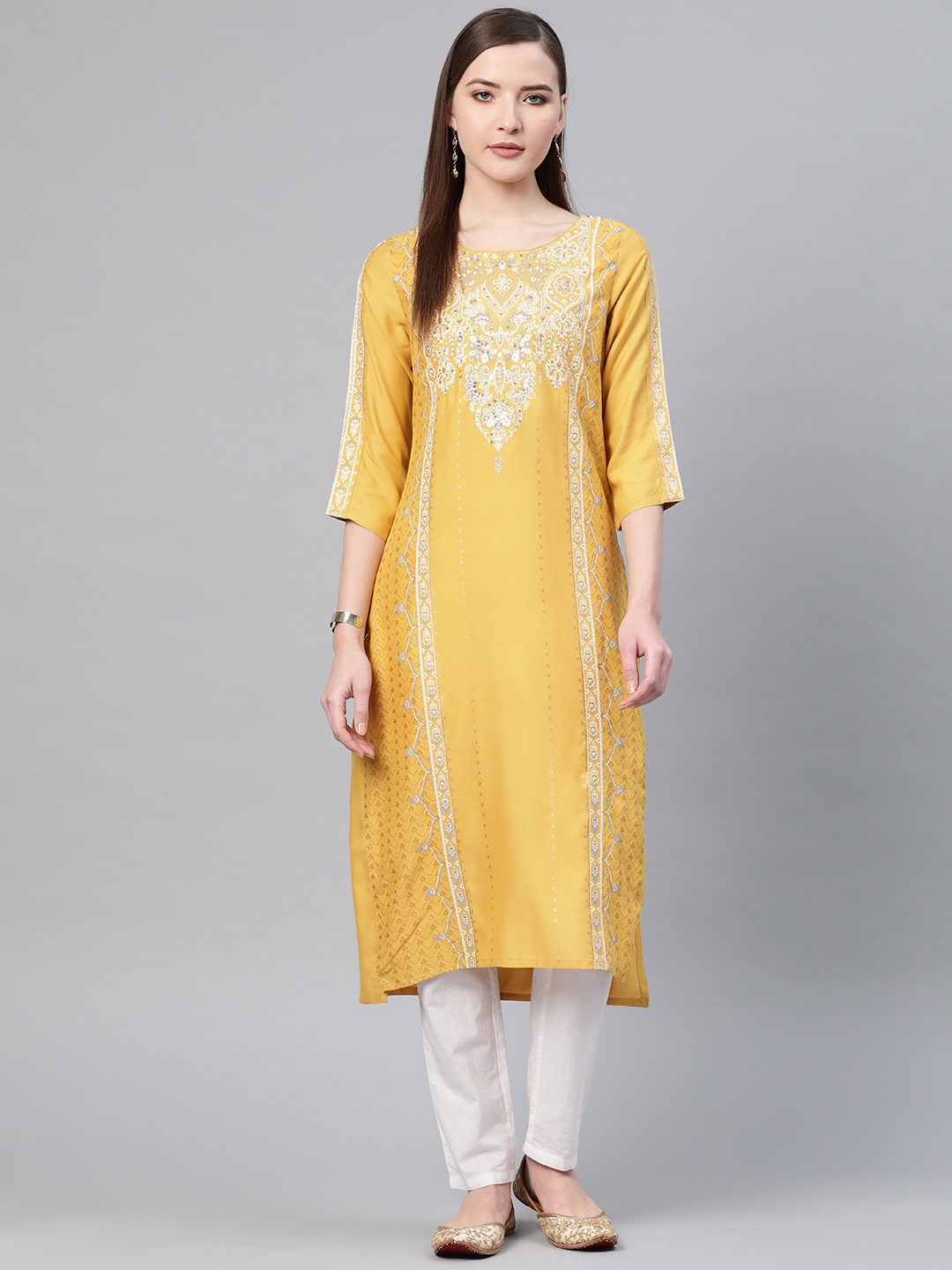 

W Women Mustard Yellow & Off-White Printed Straight Kurta