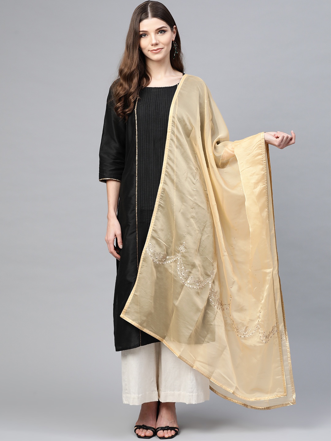 

W Beige & Golden Embroidered Dupatta