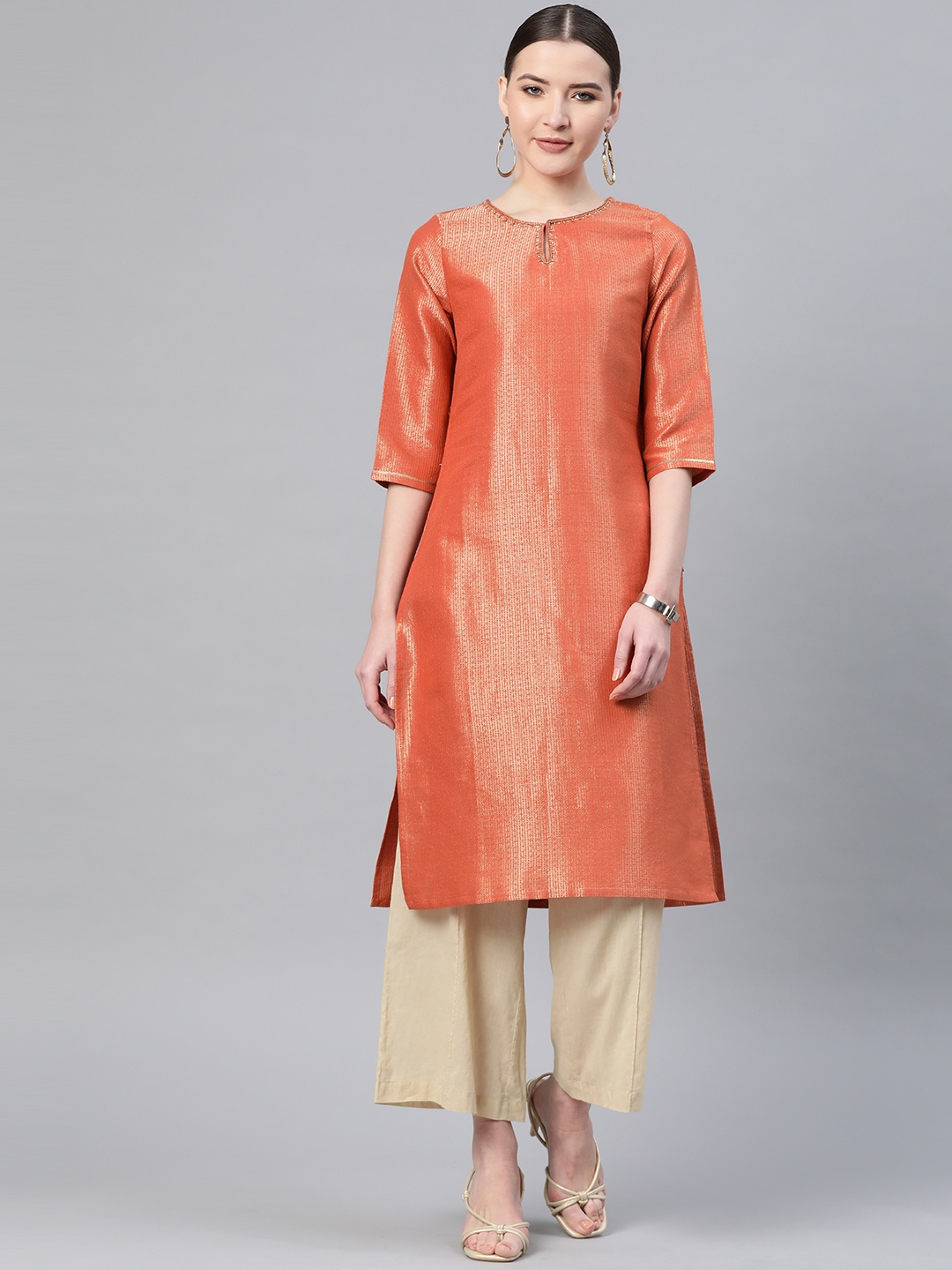 

W Women Orange & Golden Zari Woven Design Straight Kurta with Sequinned Detail