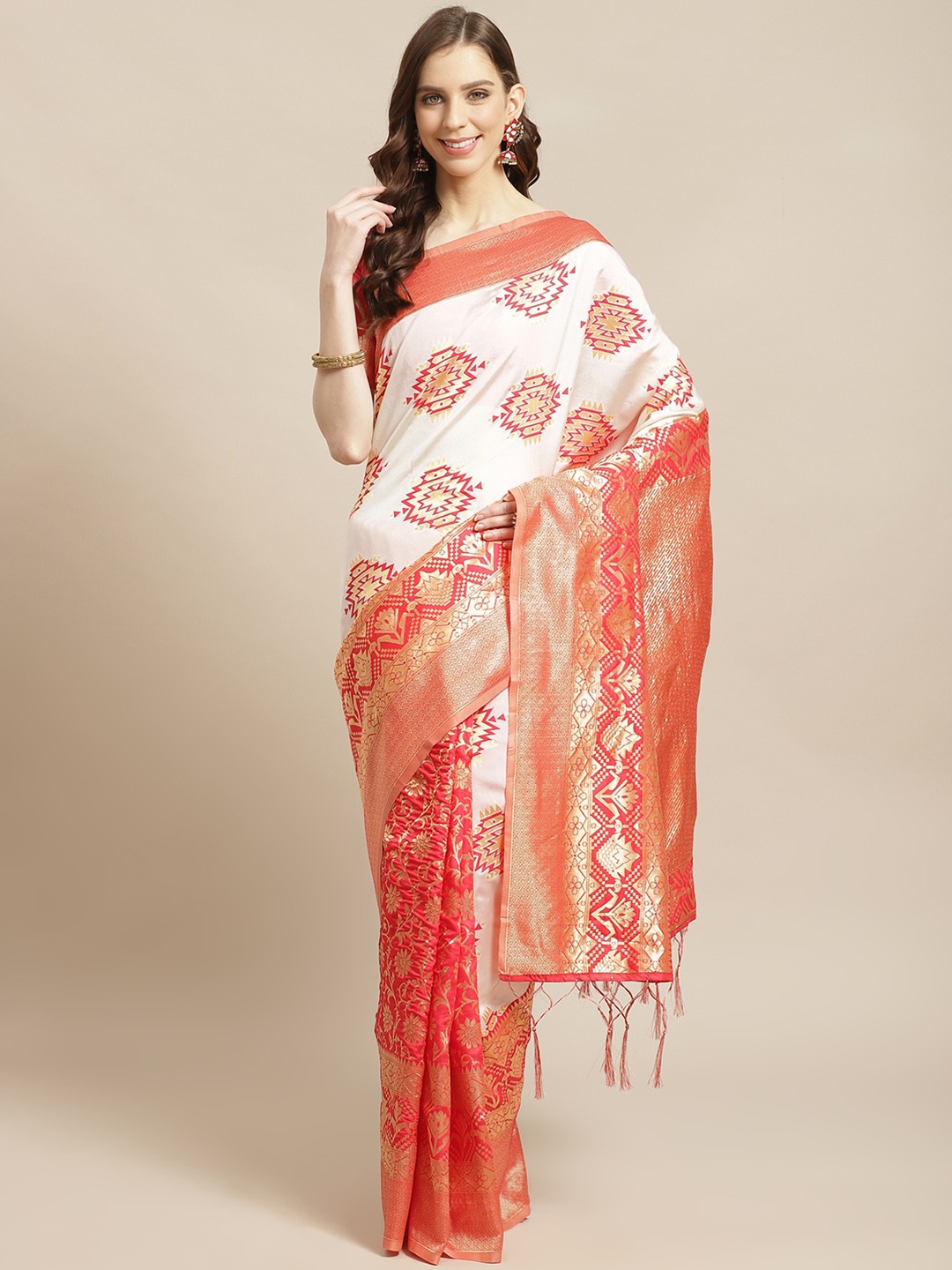

Saree mall White & Red Woven Design Kasavu Saree