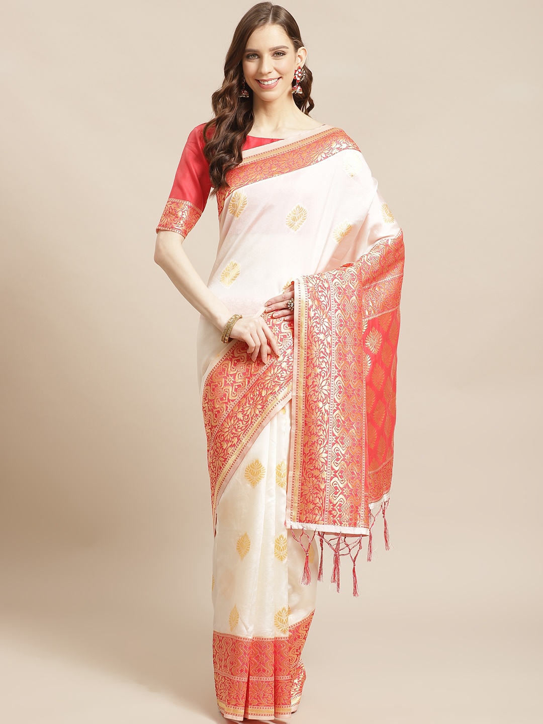 

Saree mall Off-White & Coral Red Woven Design Kasavu Saree