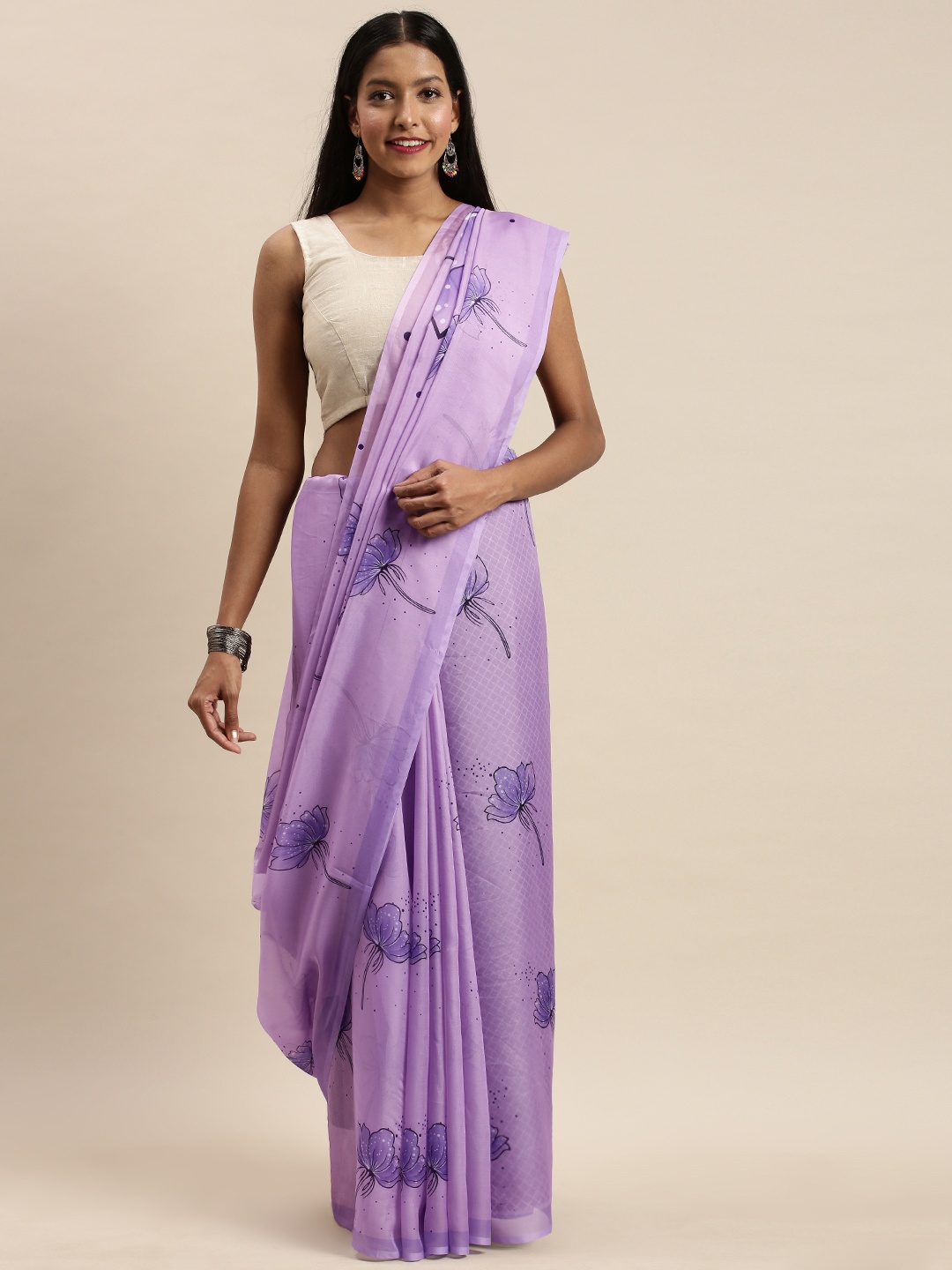 

VASTRANAND Lavender Floral Printed Pure Silk Saree