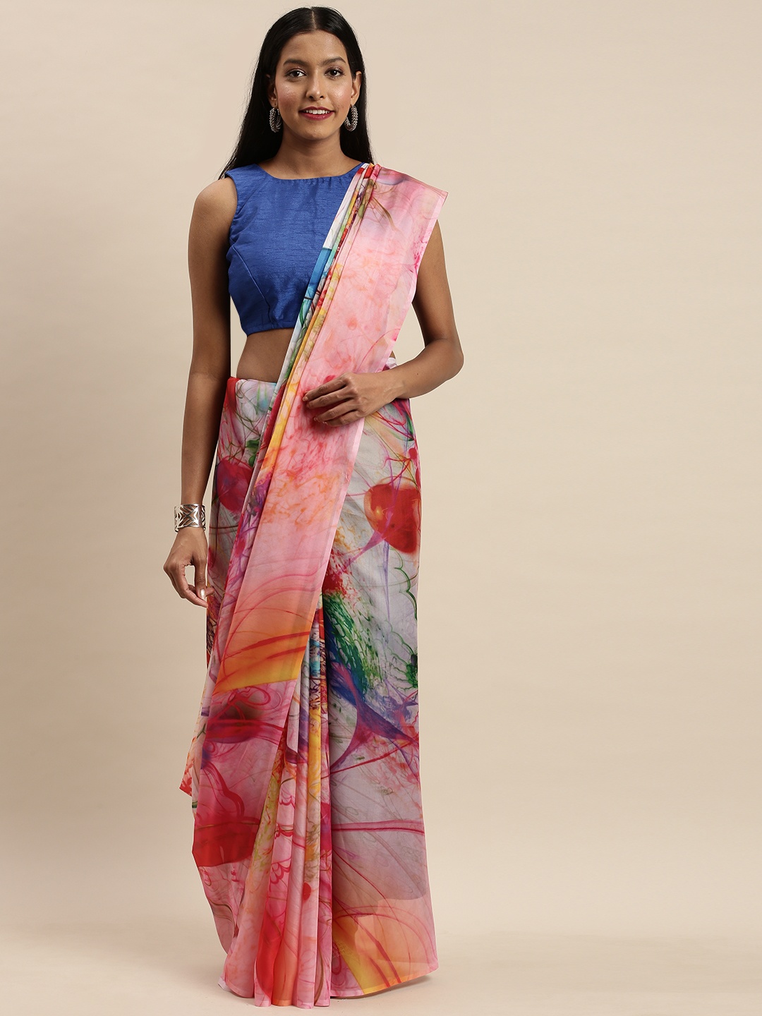 

VASTRANAND Pink & Yellow Pure Silk Printed Saree