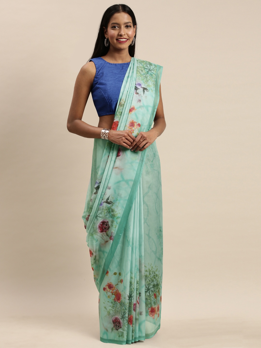 

VASTRANAND Sea Green Floral Printed Pure Silk Saree