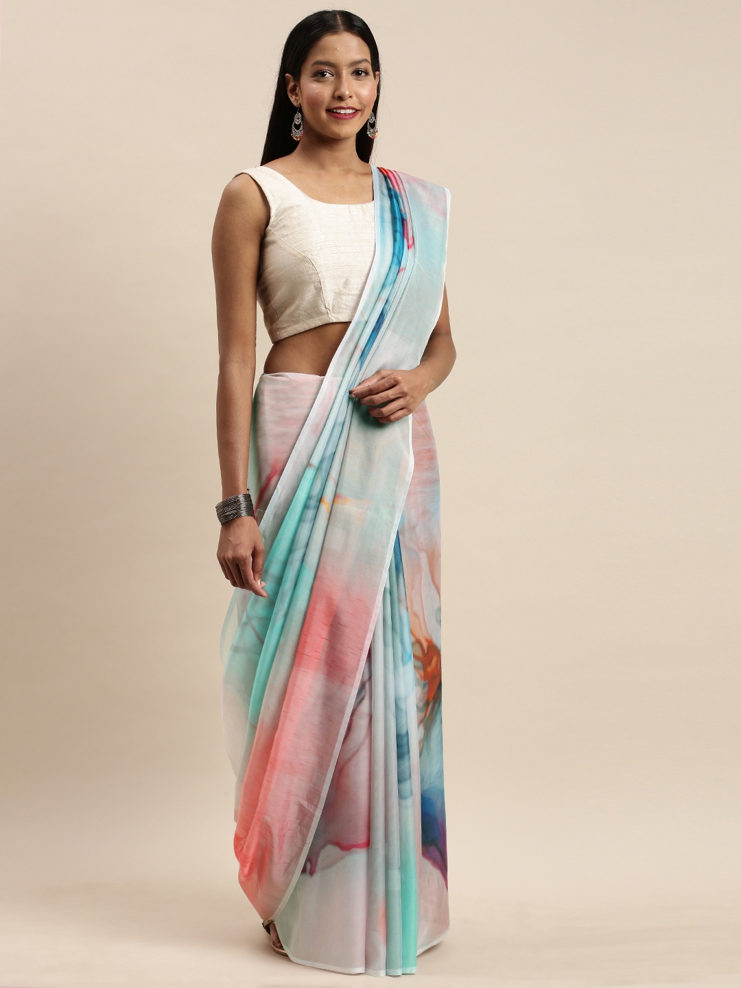 

VASTRANAND Blue & Pink Pure Silk Printed Saree