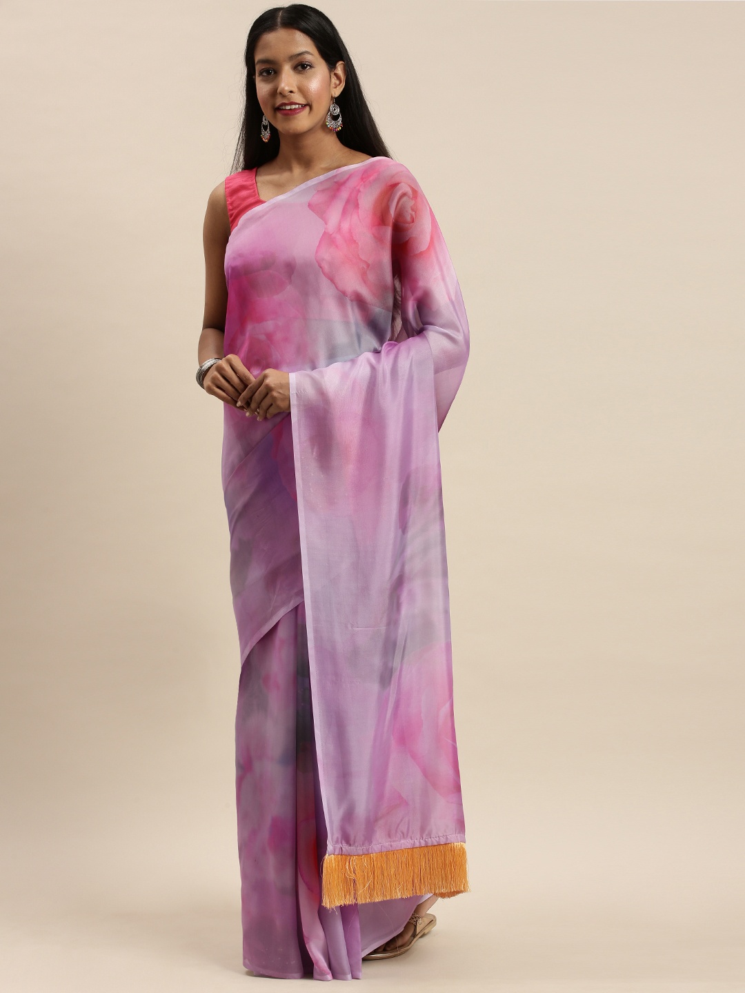 

VASTRANAND Lavender & Pink Pure Silk Printed Saree