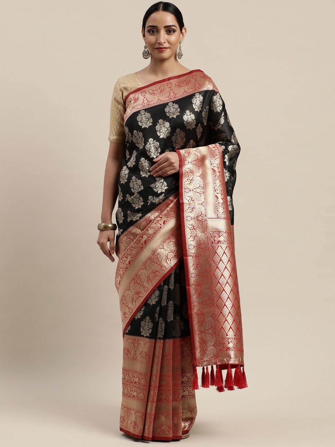 

VASTRANAND Black & Red Silk Blend Woven Design Banarasi Saree