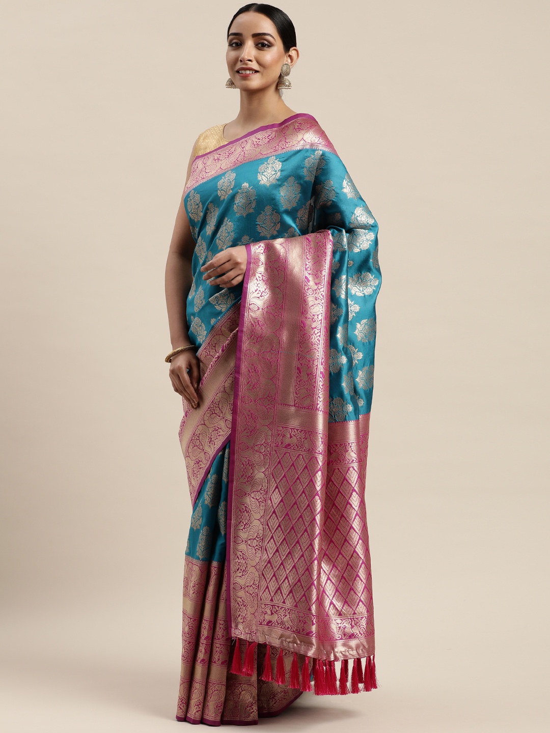 

VASTRANAND Teal Blue & Pink Silk Blend Woven Design Kanjeevaram Celebrity Saree