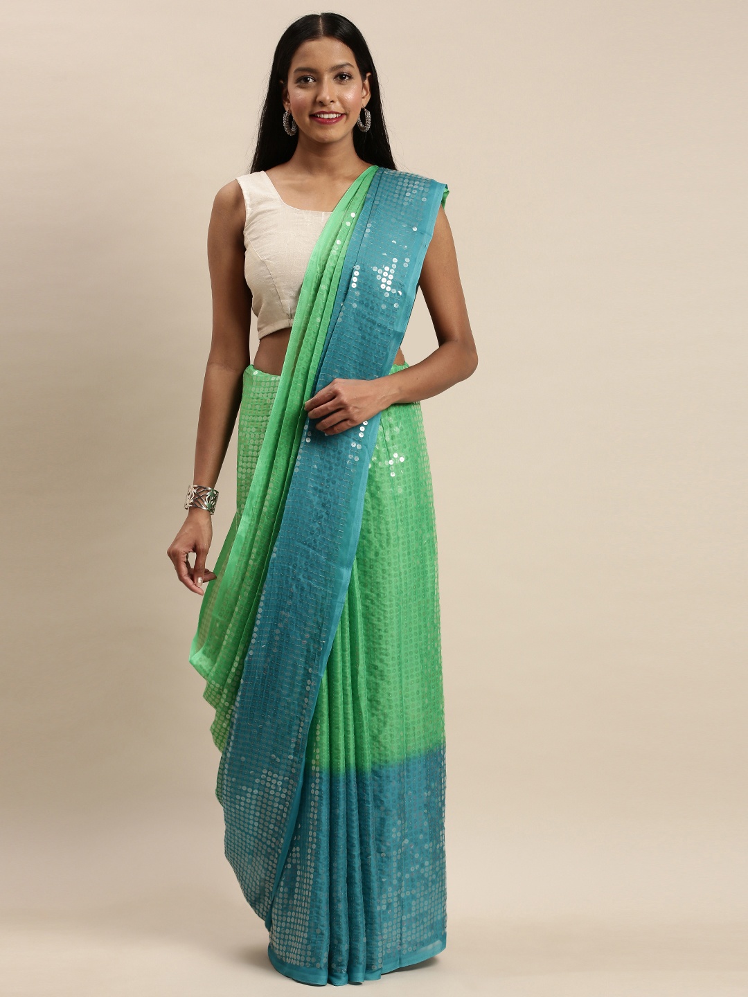 

VASTRANAND Sea Green & Blue Poly Silk Colourblocked Sequined Saree