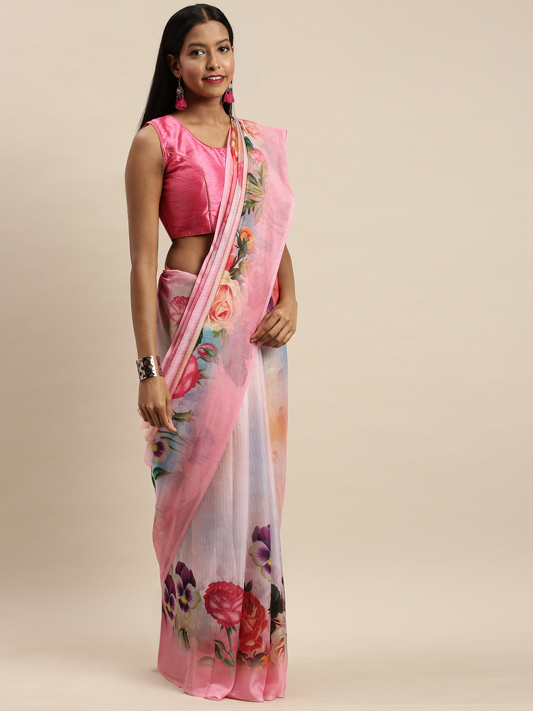

VASTRANAND Pink Floral Printed Pure Silk Saree