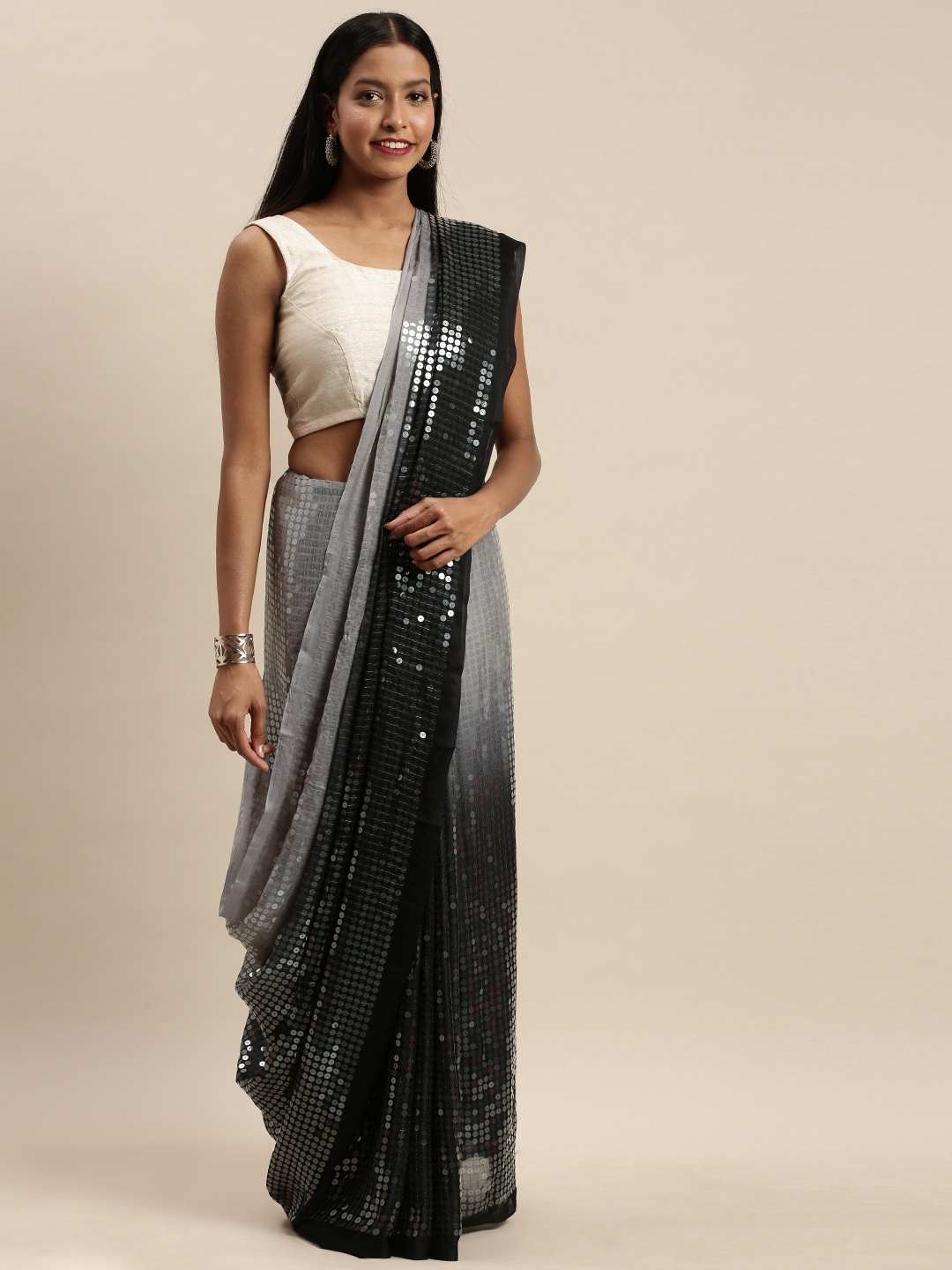 

VASTRANAND Black & Grey Poly Silk Embellished Saree