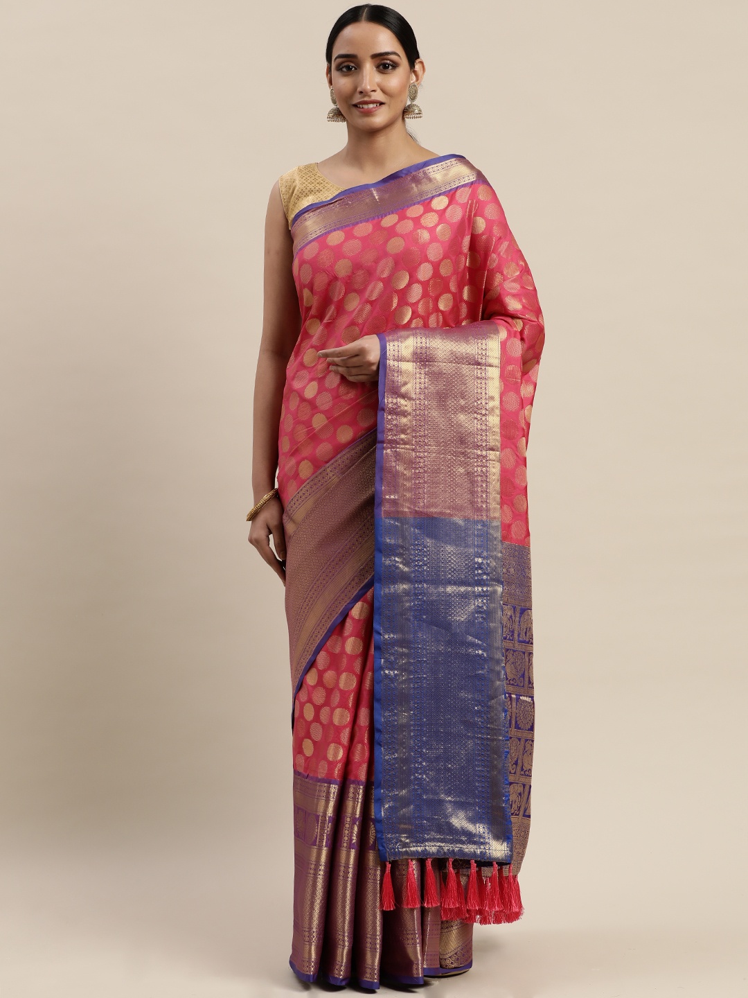 

VASTRANAND Pink & Gold-Toned Silk Blend Woven Design Banarasi Saree