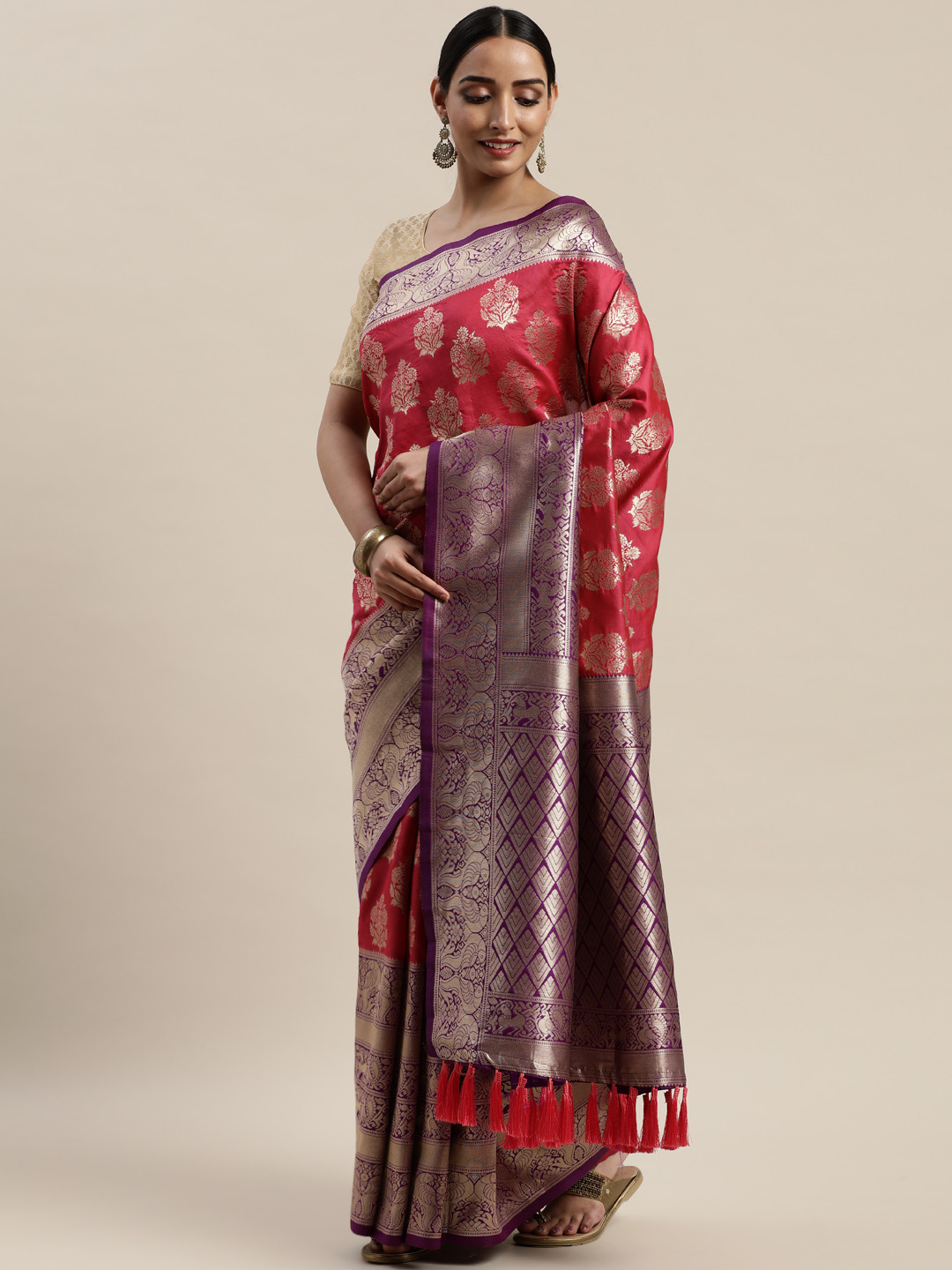 

VASTRANAND Red & Purple Silk Blend Woven Design Banarasi Saree