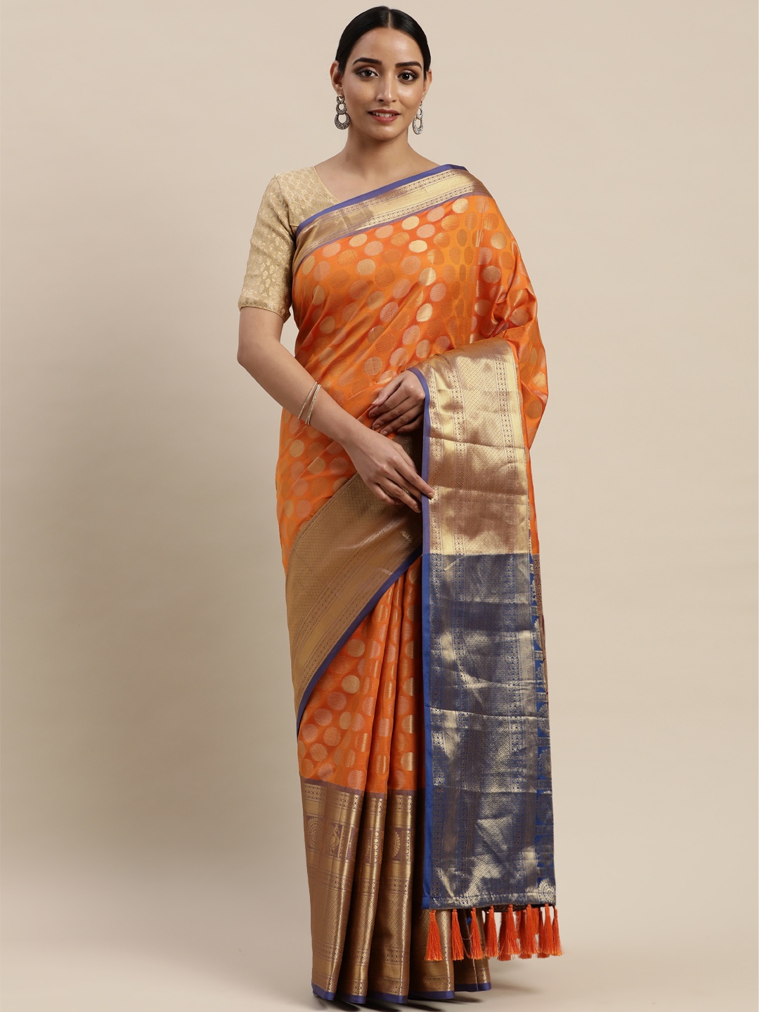 

VASTRANAND Orange & Gold-Toned Silk Blend Woven Design Banarasi Saree