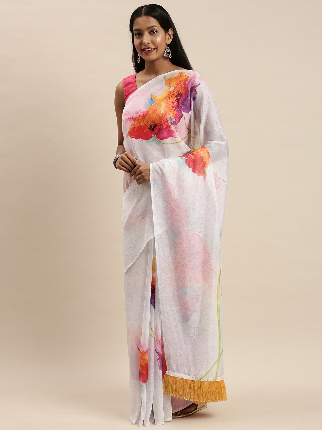 

VASTRANAND White & Yellow Pure Silk Floral Printed Saree