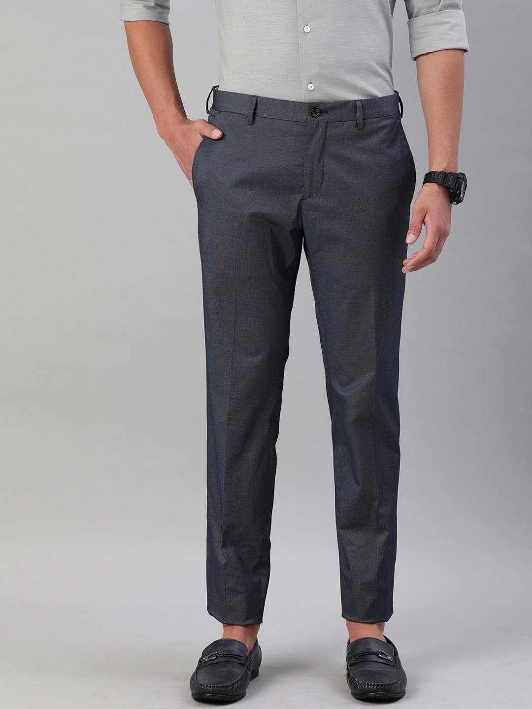 

Tommy Hilfiger Men Navy Blue & Off-White Slim Fit Self Design Smart Casual Trousers