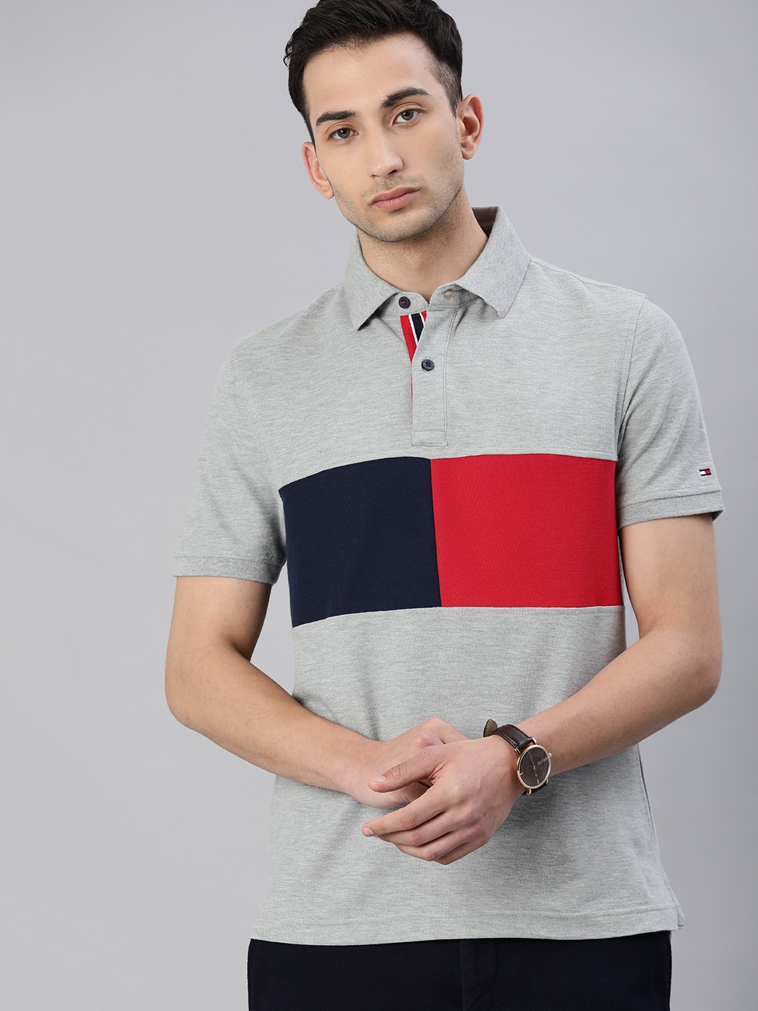 

Tommy Hilfiger Men Grey Melange & Navy Blue Colourblocked Polo Collar T-shirt