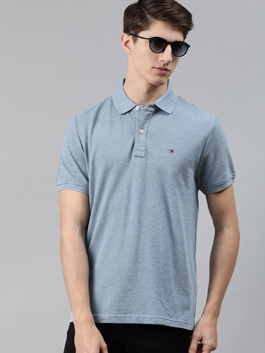 

Tommy Hilfiger Men Blue Solid Polo Collar Pure Cotton T-shirt