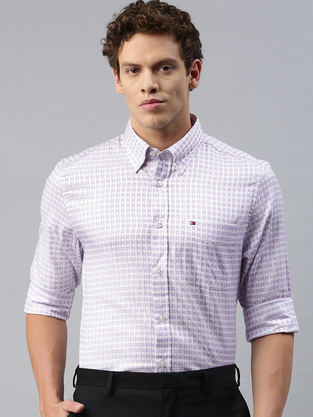 

Tommy Hilfiger Men Lavender Regular Fit Checked Semiformal Shirt