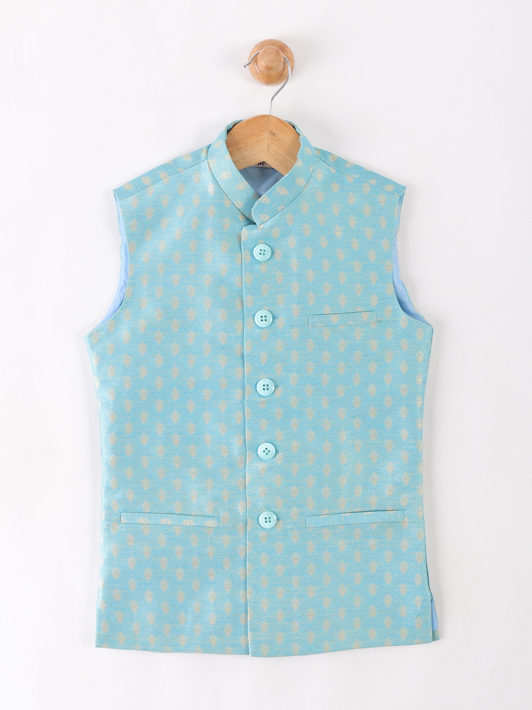 

NAMASKAR Boys Blue & Beige Woven-Design Nehru Jacket