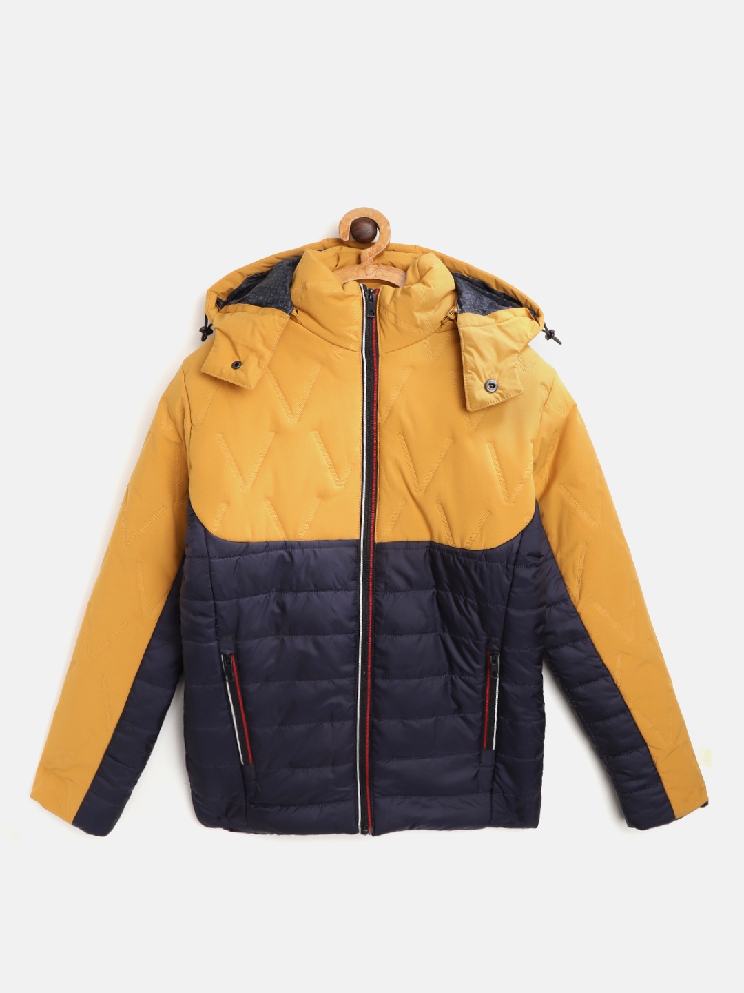 

toothless Boys Navy Blue & Mustard Yellow Colourblocked Hooded Lightweight Padded Jacket