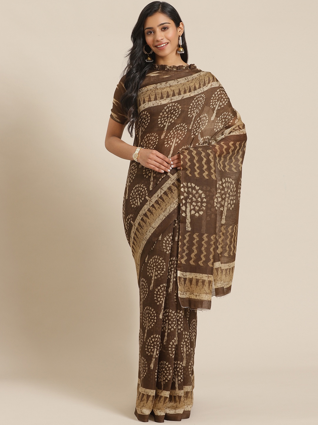 

SHANGRILA Olive Brown & Beige Printed Ikat Saree