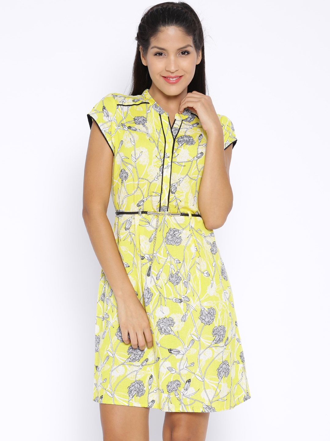 

109F Yellow Printed Fit & Flare Dress