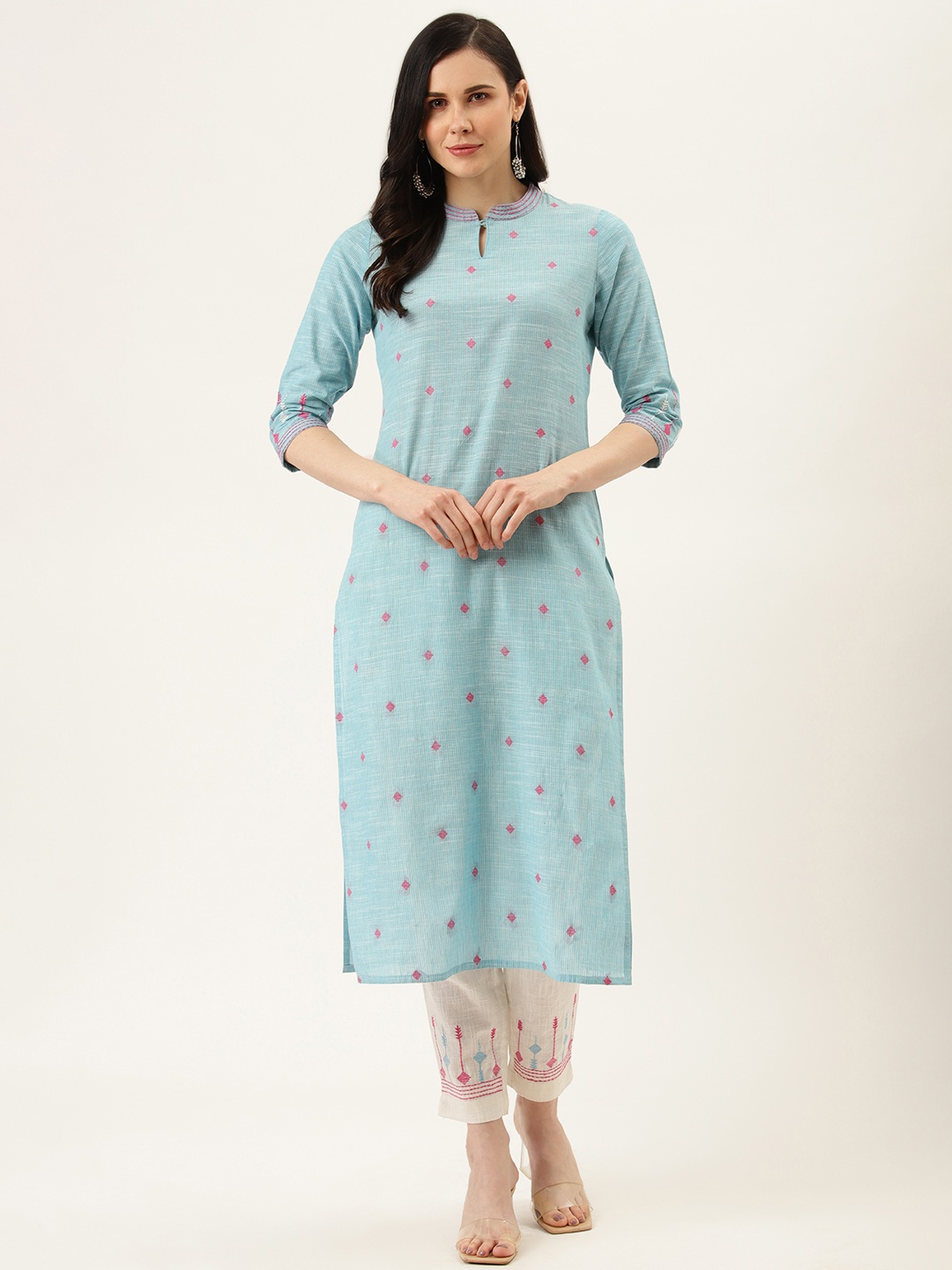 

Jaipur Kurti Women Blue & Off-White Striped Handloom Kurta with Trousers