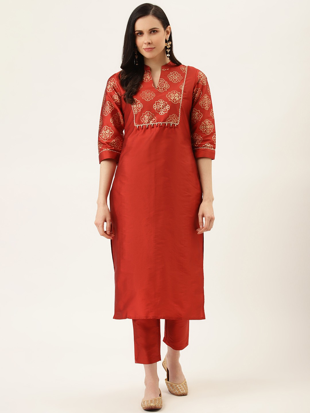 

Jaipur Kurti Women Red & Golden Handloom Yoke Design Kurta with Trousers