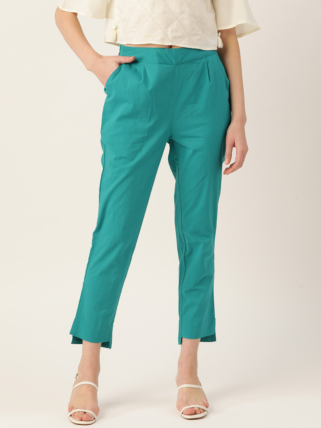 

Jaipur Kurti Women Blue Regular Fit Pure Cotton Solid High-low Hem Trousers