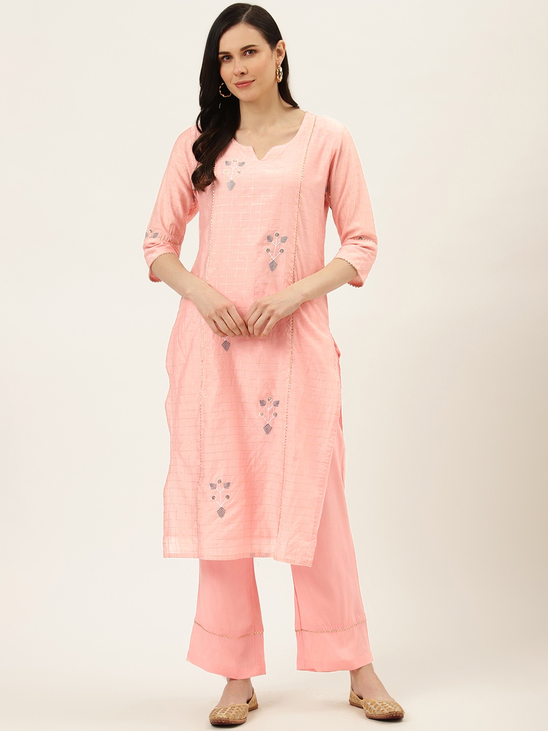 

Jaipur Kurti Women Pink Handloom Checked Kurta with Palazzos