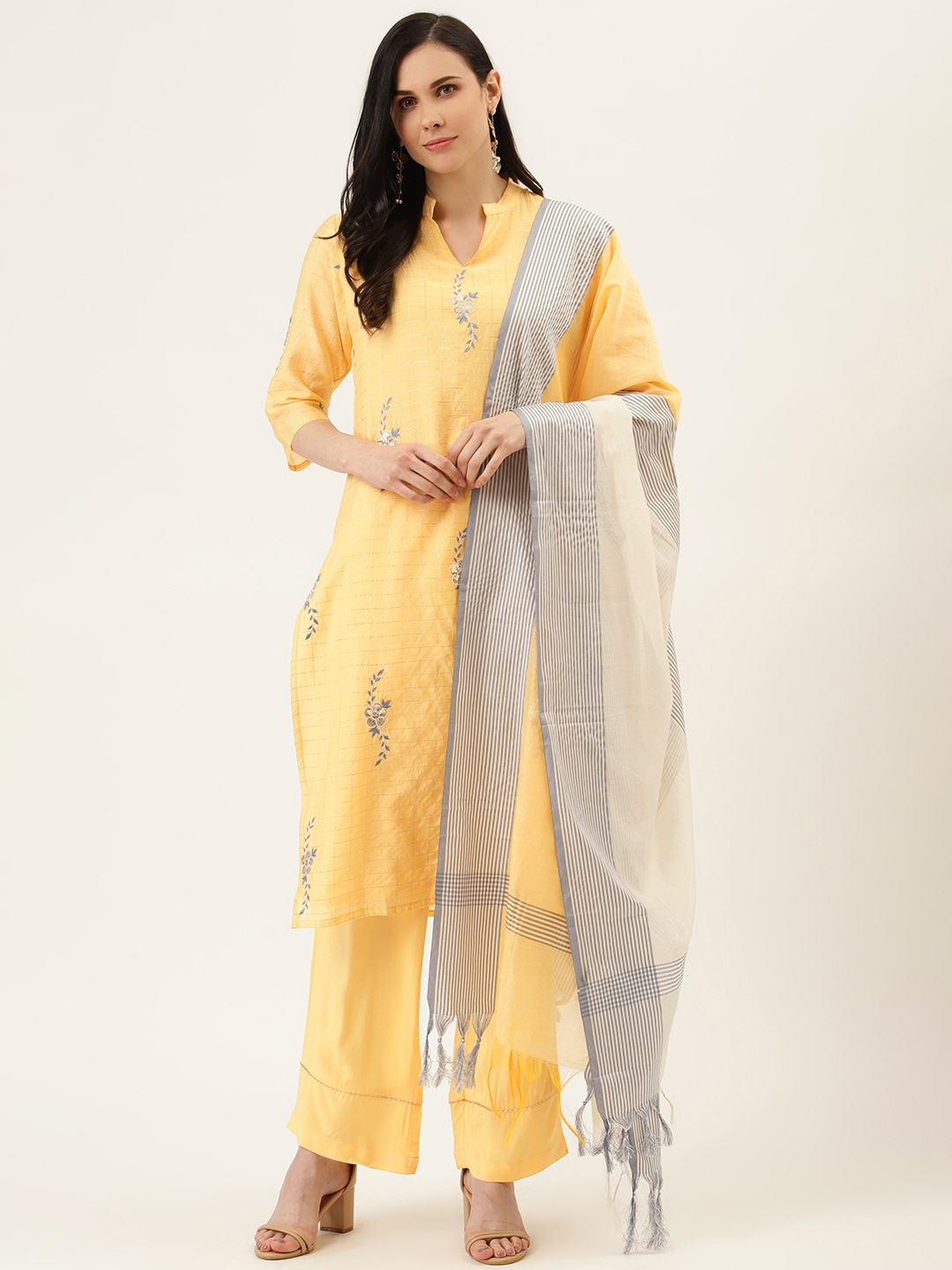 

Jaipur Kurti Women Yellow & Golden Checked Handloom Kurta with Palazzos & Dupatta