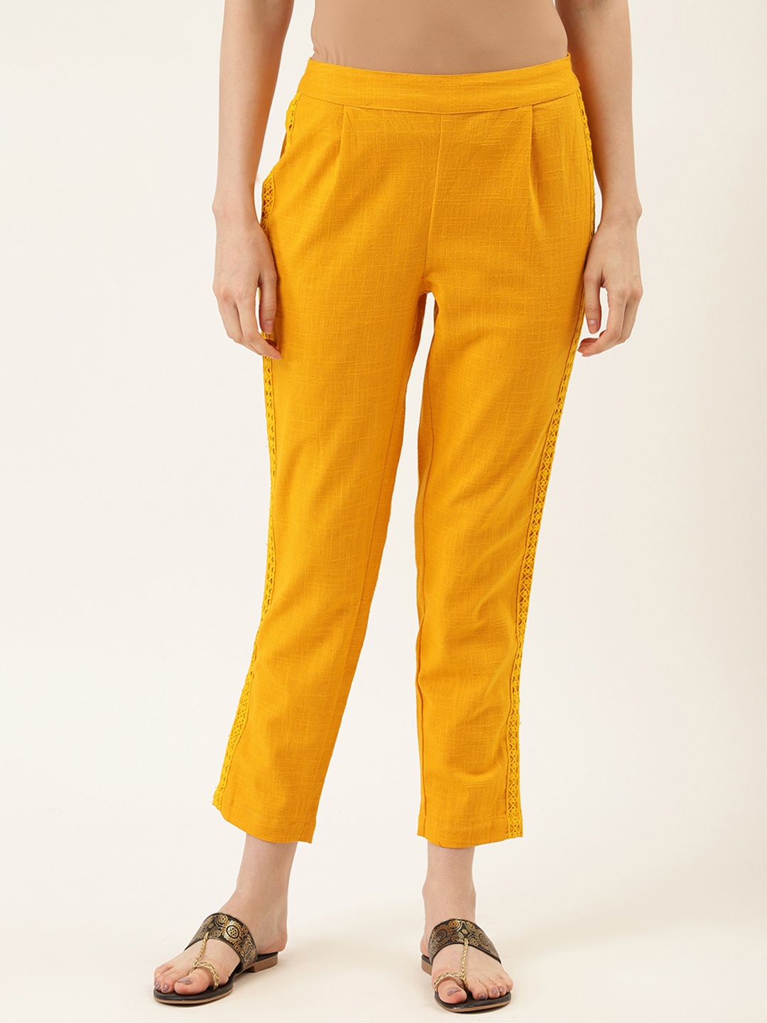 

Jaipur Kurti Women Mustard Yellow Pure Cotton Solid Regular Fit Cropped Trousers