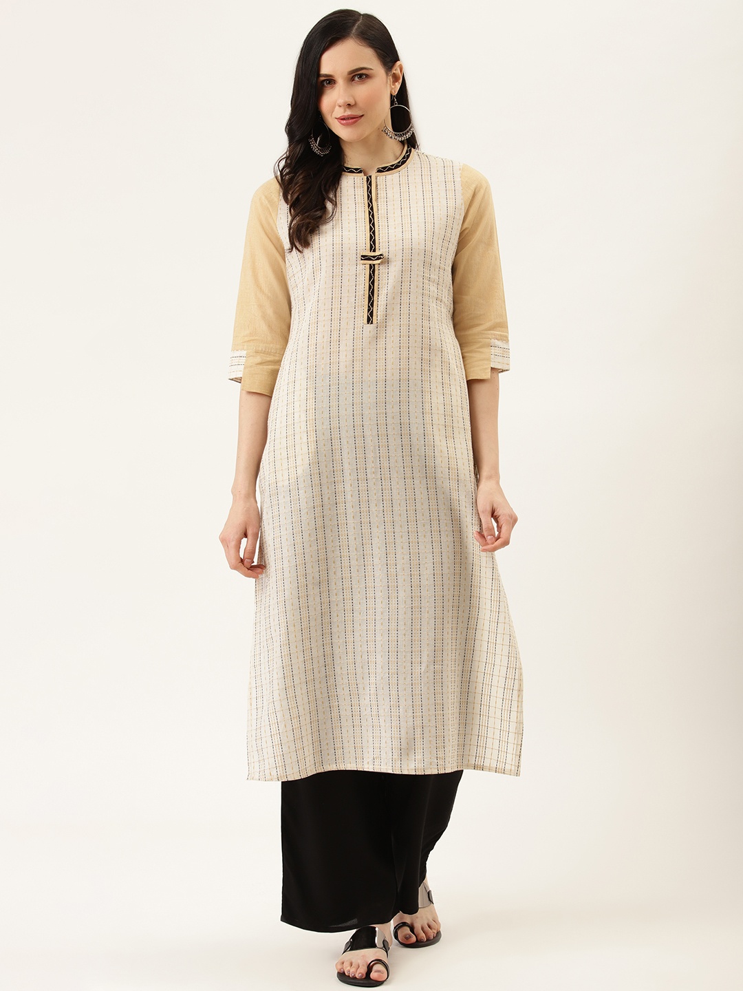 

Jaipur Kurti Women Off-White & Black Handloom Woven Design Kurta with Palazzos