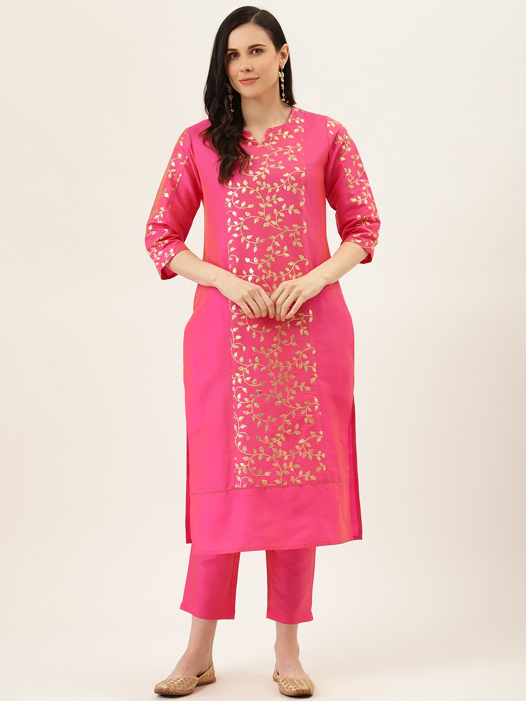 

Jaipur Kurti Women Pink & Golden Ethnic motif Print Handloom Kurta with Trousers