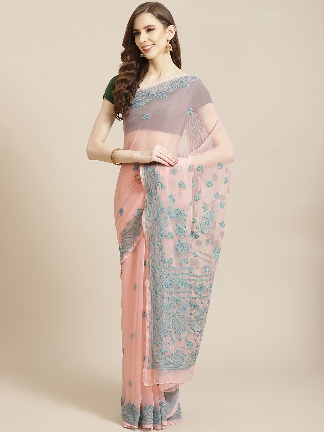 

ADA Pink & Sea Green Chikankari Hand Embroidered Handloom Saree