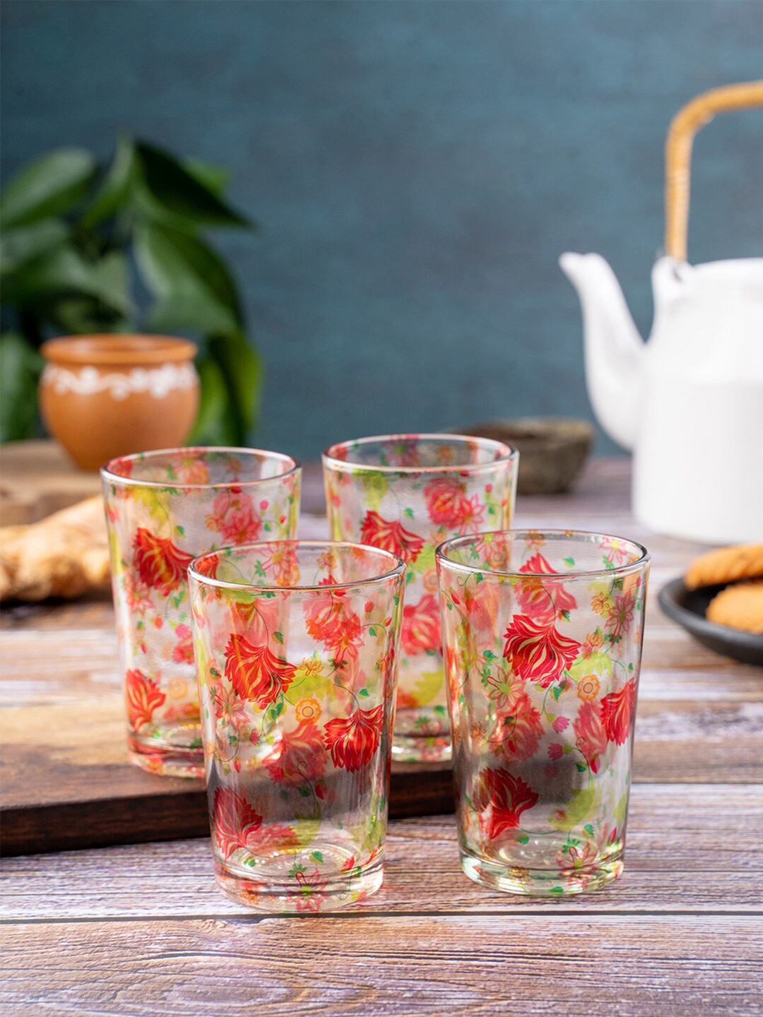 

KOLOROBIA Set Of 4 Transparent Floral Printed Mughal Chai Glasses-200ML