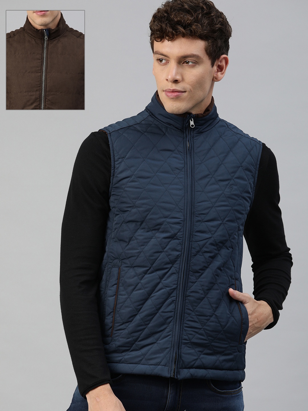 

Indian Terrain Men Brown Solid Reversible Padded Jacket, Navy blue