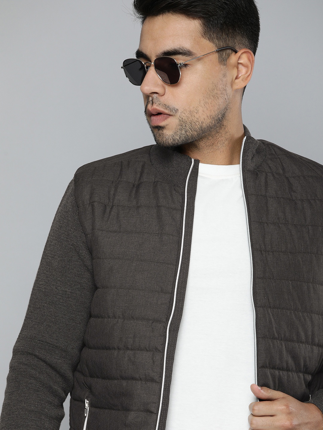 

Indian Terrain Men Charcoal Grey Solid Quilted Jacket