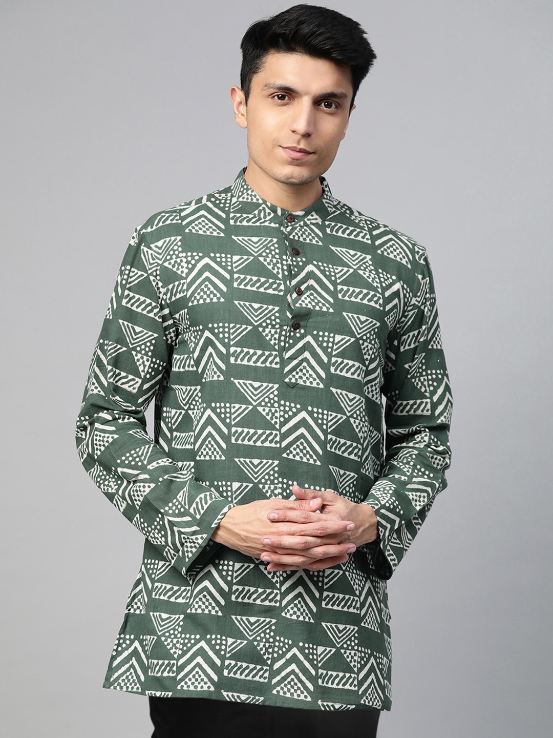 

Fabindia Men Teal Green & Off-White Dabu Print Straight Short Kurta