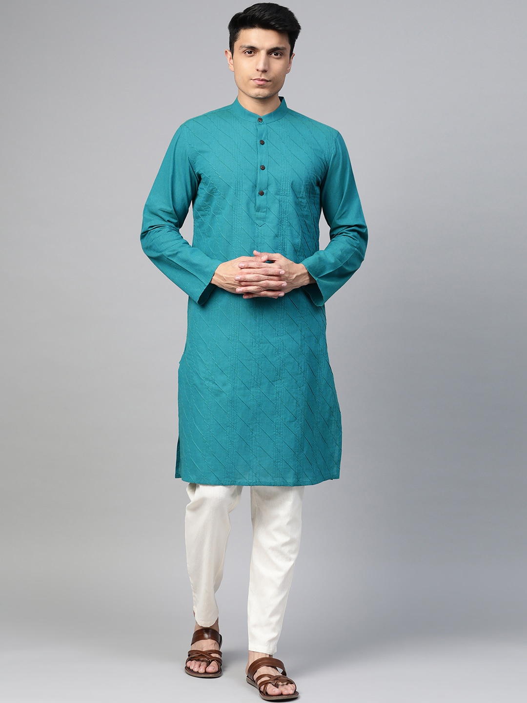 

Fabindia Men Blue Slim Fit Woven Design Straight Kurta