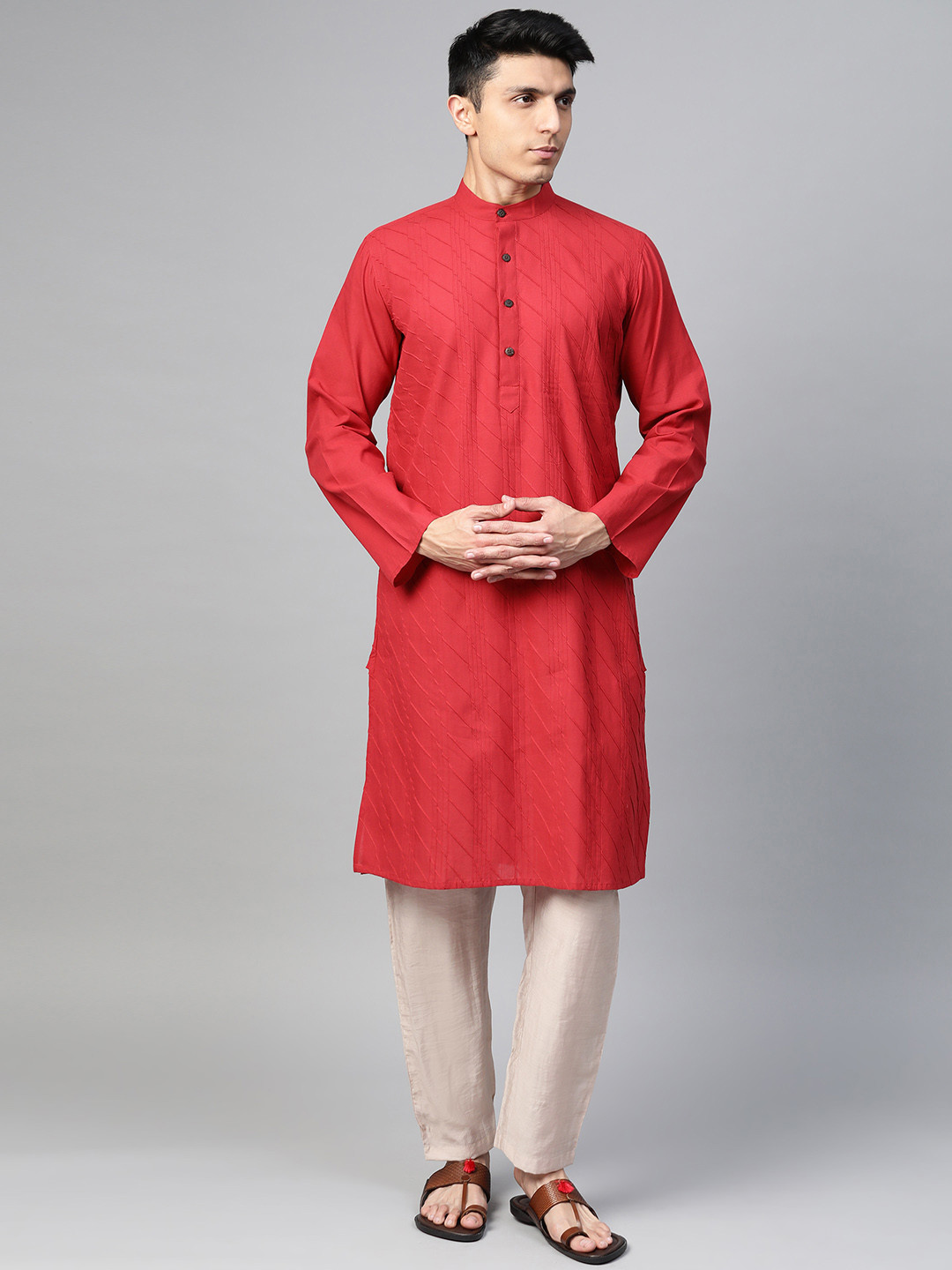 

Fabindia Men Red Slim Fit Woven Design Straight Kurta