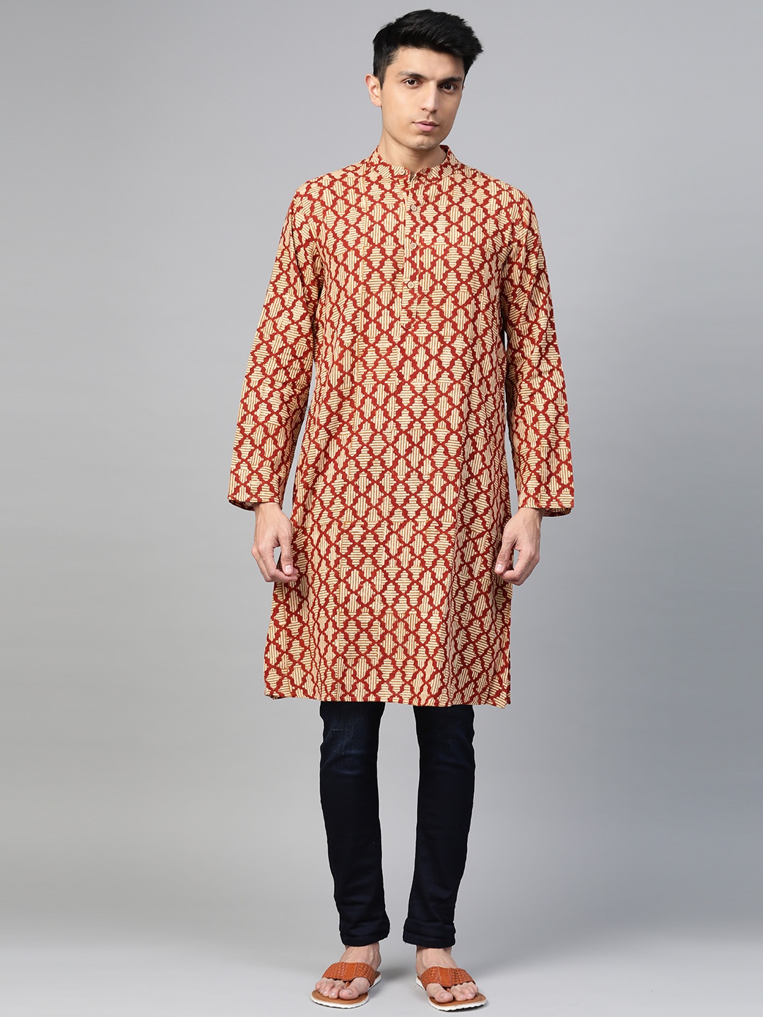 

Fabindia Men Maroon & Cream-Coloured Bagru Hand Block Printed Pure Cotton Straight Kurta