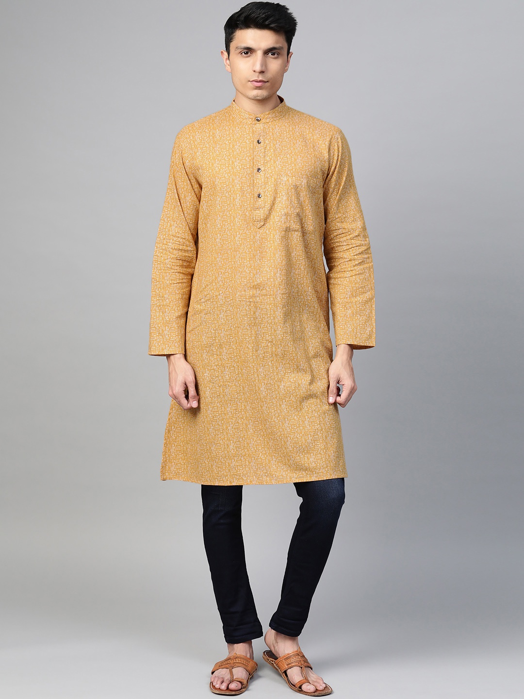 

Fabindia Men Mustard Yellow & Grey Geometric Printed Pure Cotton Straight Kurta