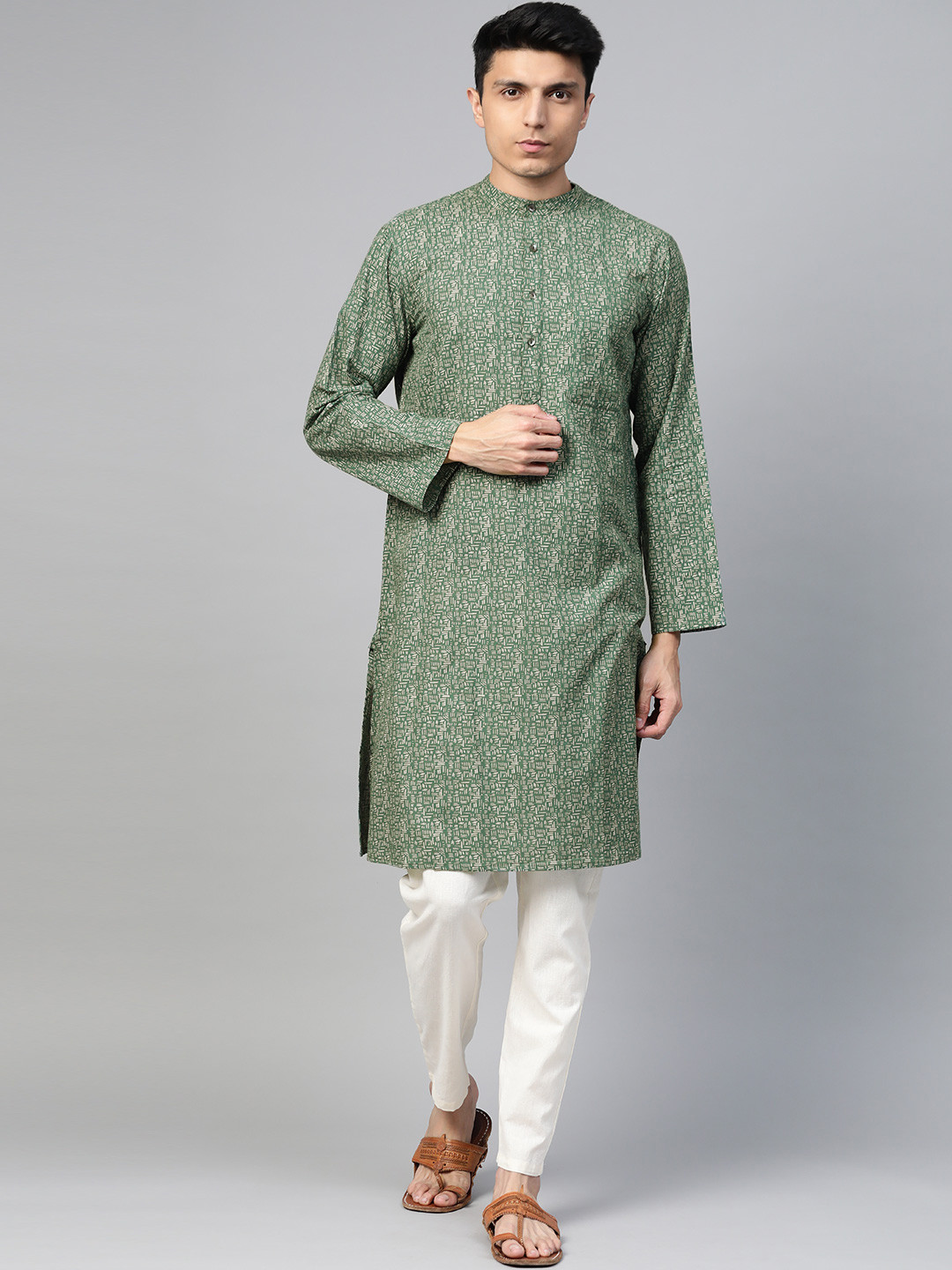 

Fabindia Men Green & Off-White Printed Straight Kurta