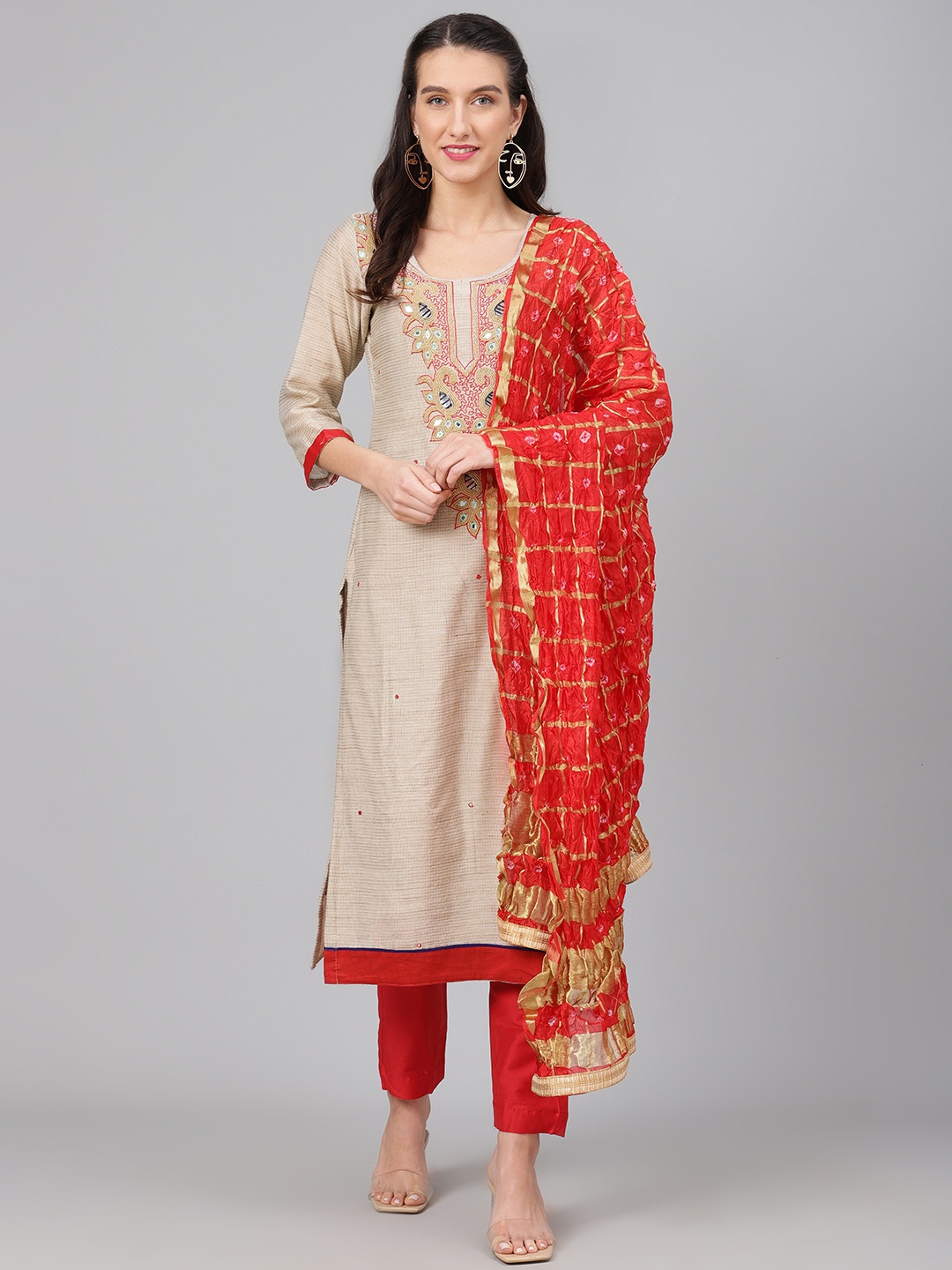 

Biba Beige & Red Beaded Yoke Unstitched Dress Material