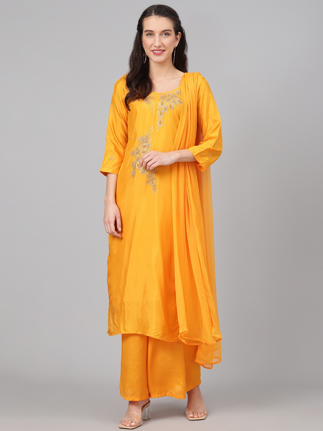 

Biba Mustard Yellow Embellished Upada Silk Unstitched Dress Material